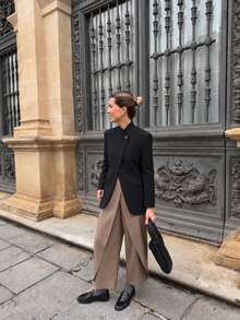 Women's Black Stand Collar Asymmetric Button Long Sleeve Blazer Jacket, Suitable For Spring And Autumn, Daily Commute And Office Wear - Black - View 4