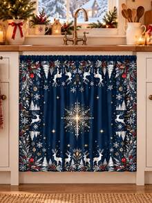 2pcs Christmas Printed Polyester Curtains, Blue White Reindeer Snowflake Pine Branch Christmas Tree Ornament Pattern, Winter Snowy Forest Window Drapes For Living Room Bedroom Dining Room Holiday Party Home Decor - F - View 6