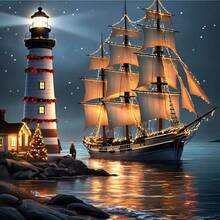 1PC DIY 5D Diamond Painting Kit Lighthouse And Sailboat Pattern - Round Full Diamond Art Mosaic Craft, Home Wall Decor, Frameless - No Frame - View 7