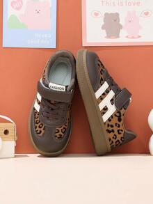 Fashion Leopard Print Patchwork Kids' Sports Shoes, Non-Slip Soft Sole, Hook And Loop Closure, Boys' And Girls' School Shoes, Comfortable Daily Walking And Training Shoes - Brown - View 1
