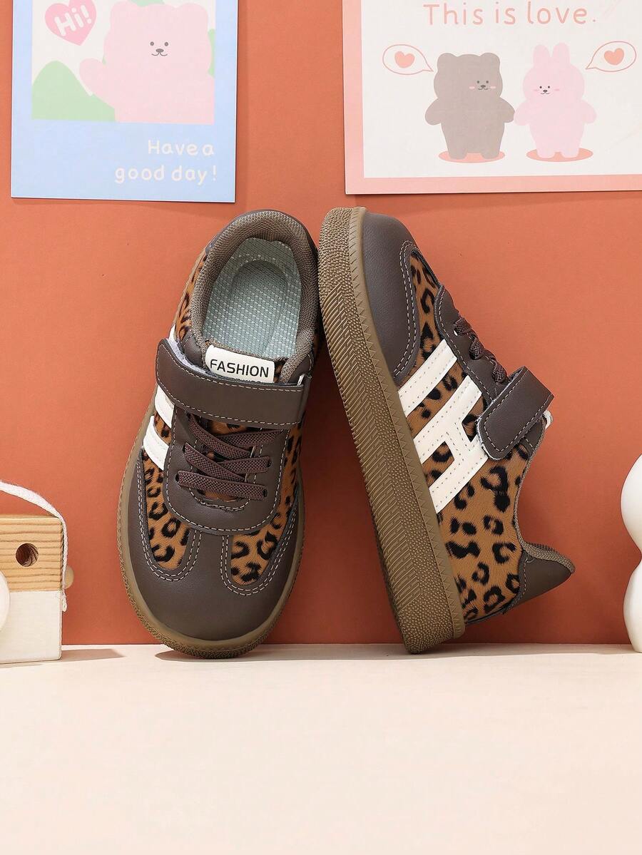 Fashion Leopard Print Patchwork Kids' Sports Shoes, Non-Slip Soft Sole, Hook And Loop Closure, Boys' And Girls' School Shoes, Comfortable Daily Walking And Training Shoes - Brown - View 1