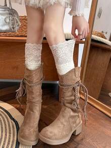 1 Pair Women's Ballet Style Lace Trim Calf Socks, Slouchy Knee-High Socks, Suitable For Daily Wear - Multicolor - View 3