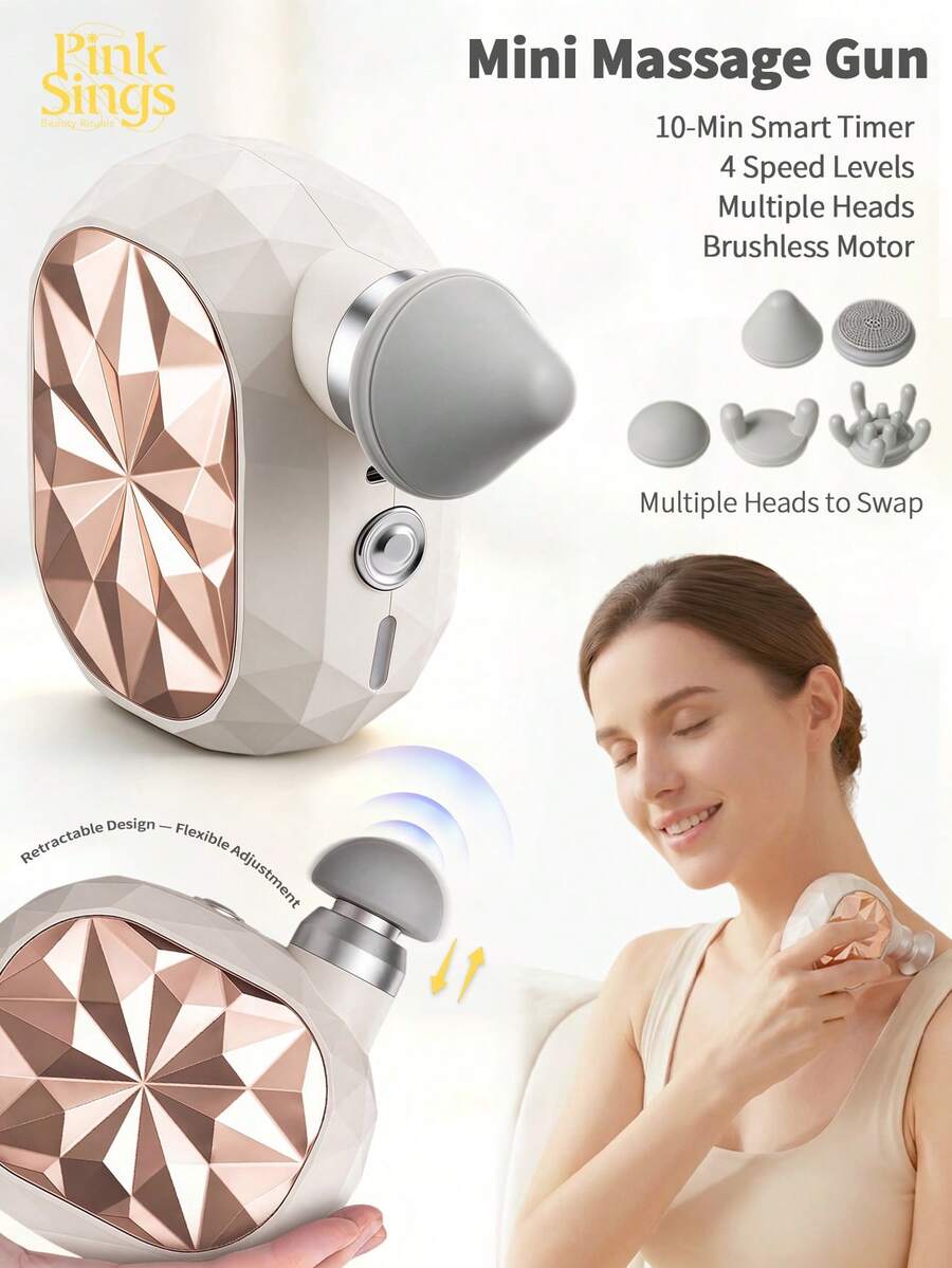 PinkSings Mini Massage Gun - Compact Handheld Muscle Massager With Percussive Deep Tissue Function, 4 Adjustable Vibration Frequencies & 5 Interchangeable Massage Heads - Portable Pocket Massage Gun, Suitable For Gym, Travel, Office - Gold - View 1