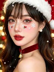 1件裝聖誕主題3D臉部貼紙附贈鑷子，自黏免膠水聖誕樹雪花蝴蝶結裝飾貼紙，聖誕新年派對臉部與眼妝貼紙，節日拍照氛圍妝容貼紙 - 彩色 - 查看 2