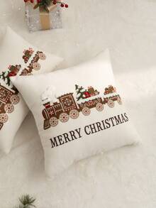 1pc Christmas Train Embroidered Pillow Case, MERRY CHRISTMAS Pillow Cover, Suitable For Indoor Decoration, Christmas Decoration, All-Season Pillow Case, Without Insert - Multicolor - View 8