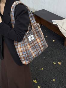 秋冬棕色格紋托特包，復古羊毛大容量通勤女款單肩托特包 - 棕色 - 查看 2