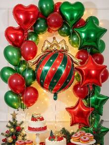 15/30pcs Christmas Heart Star & Bow Bauble Foil Balloon Kit, Xmas Party Decorations, Red Green Aluminum Balloons With Ribbon And Dots For Holiday Backdrop Decor - Christmas Heart, Star, and Bow Balloon Set - View 5
