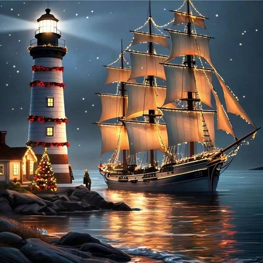 1PC DIY 5D Diamond Painting Kit Lighthouse And Sailboat Pattern - Round Full Diamond Art Mosaic Craft, Home Wall Decor, Frameless - No Frame - View 1