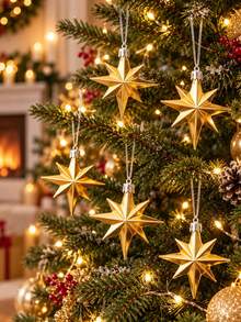 12pcs Gold Christmas Star Ornaments Hanging Decorations, Shiny 3D Star Pendants For Christmas Tree, Holiday Party Home Fireplace Window Decor - Multicolor - View 6