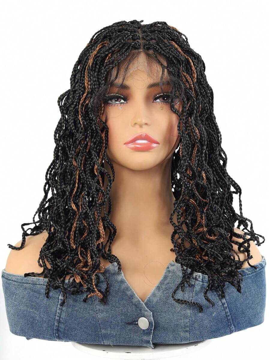 Short 14 Inch Bohemian Curly Braided Lace Three-Strand Braid Wavy Mid-Length Wig Braid Bob Wig Women Synthetic Locs Goddess Cornrow Braids - Multicolor - View 1
