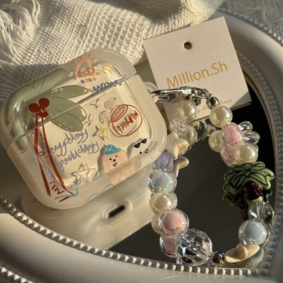 Creative Graffiti Coconut Puppy Beaded Lanyard Bluetooth Earphone Protective Case Compatible With Airpods 1/2/3/4/New 5th Gen Pro 1/2/3/4 All Models With Pendant - Clear - View 1