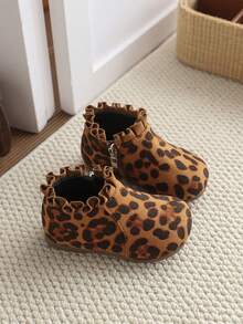 1 Pair Leopard Print Baby Ankle Boots, Side Zipper, Soft Sole Anti-Slip Toddler Walking Shoes For Girls - Yellow - View 5