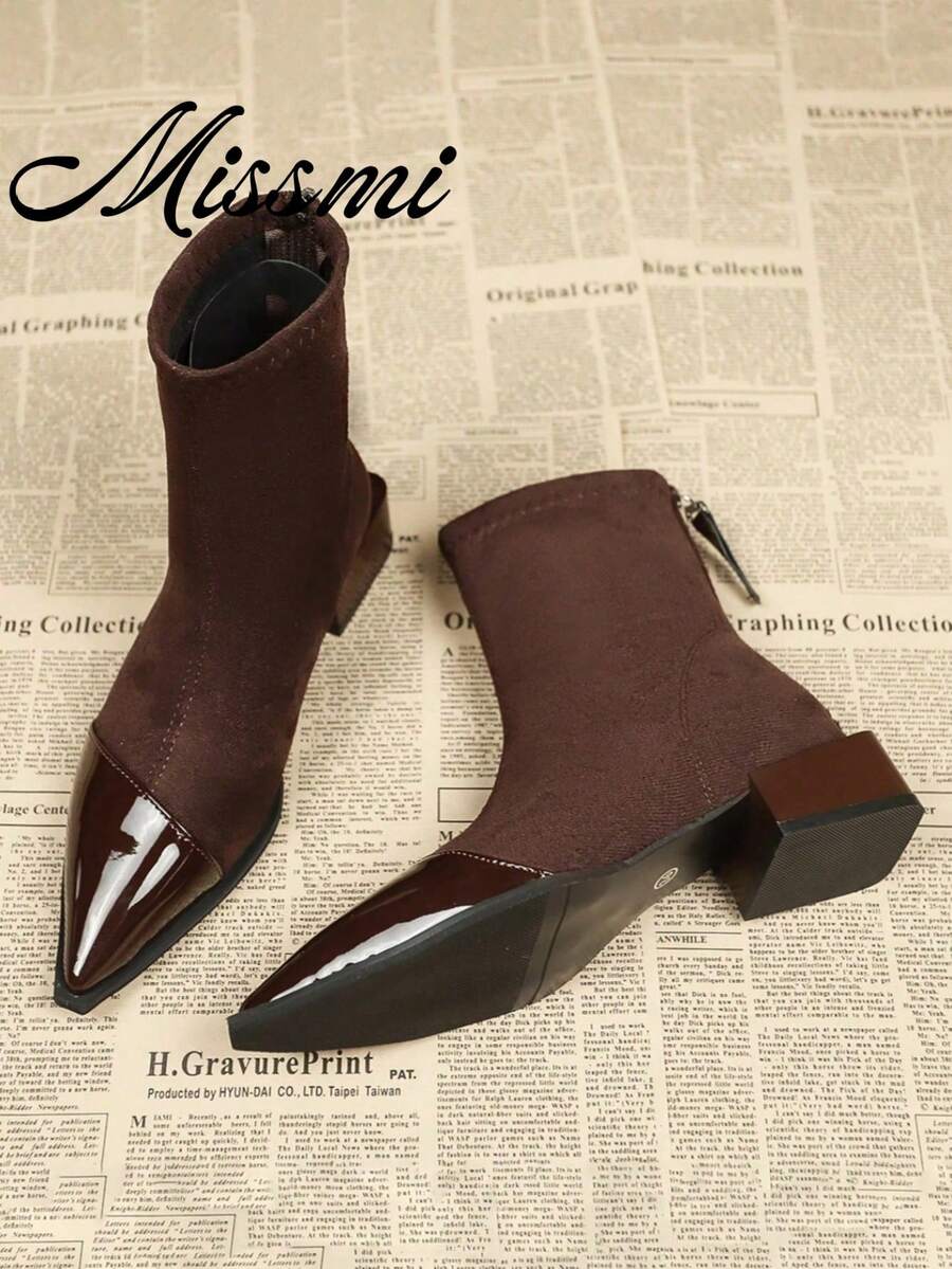 Women's 2024 Spring & Autumn New Arrival Popular Slim Fit Ankle Boots,French Elegant Style Pointed Toe Ankle Boots,Elegant - Brown - View 1
