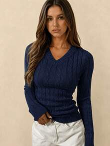 Women's Plus Size Cable Knit Sweater, Long Sleeve V-Neck Pullover, Classic Autumn/Winter Knit Top, Preppy Style - Blue - View 7