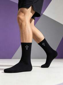 1/5/10/20 Pairs Men's Cross Pattern Mid-Calf Socks, Simple Versatile, Waist Striped Anti-Slip Shock-Absorbing, Comfortable And Soft - Black and White - View 3