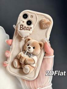 1pc 2D Cute Milk Tea Plush Bear Pattern Wavy Edge Protective Phone Case Compatible With Apple 7/8/X/XR/XSMAX/11/12/13/14/15/16/17Promax - White - View 3
