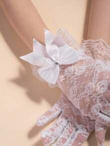 1 Pair Women's Sexy Party Dress Gloves, Rose Flower And Lace Design Ruffle Bridal Gloves - White With Diamonds - View 2
