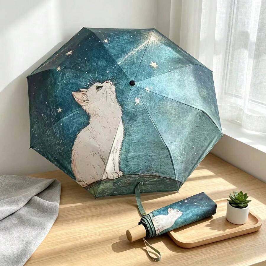 Cat & Starry Sky Vinyl UV Protection Portable Folding Umbrella, Outdoor Universal Travel Portable - Manual - View 1