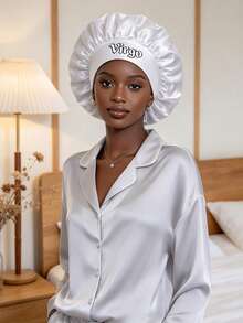 Women 12 Zodiac Signs Satin Hair Bonnet, Horoscope Letter Print Sleep Cap, Wide Elastic Band Silky Night Cap, Soft Satin Headwear For Hair Protection - White - View 5