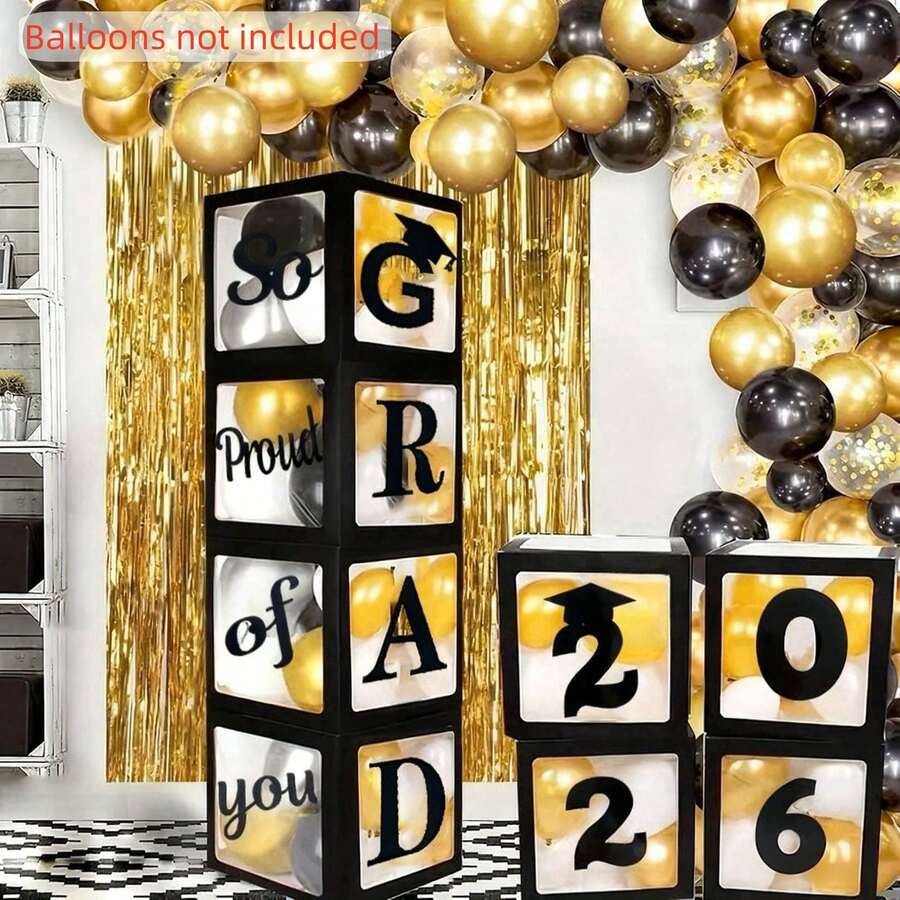 2026屆畢業派對裝飾品－4個黑色氣球盒，印有「GRAD 2025 So Proud Of You」字樣，含紙製花環，無需用電，不含氣球，無羽毛，畢業場合用品