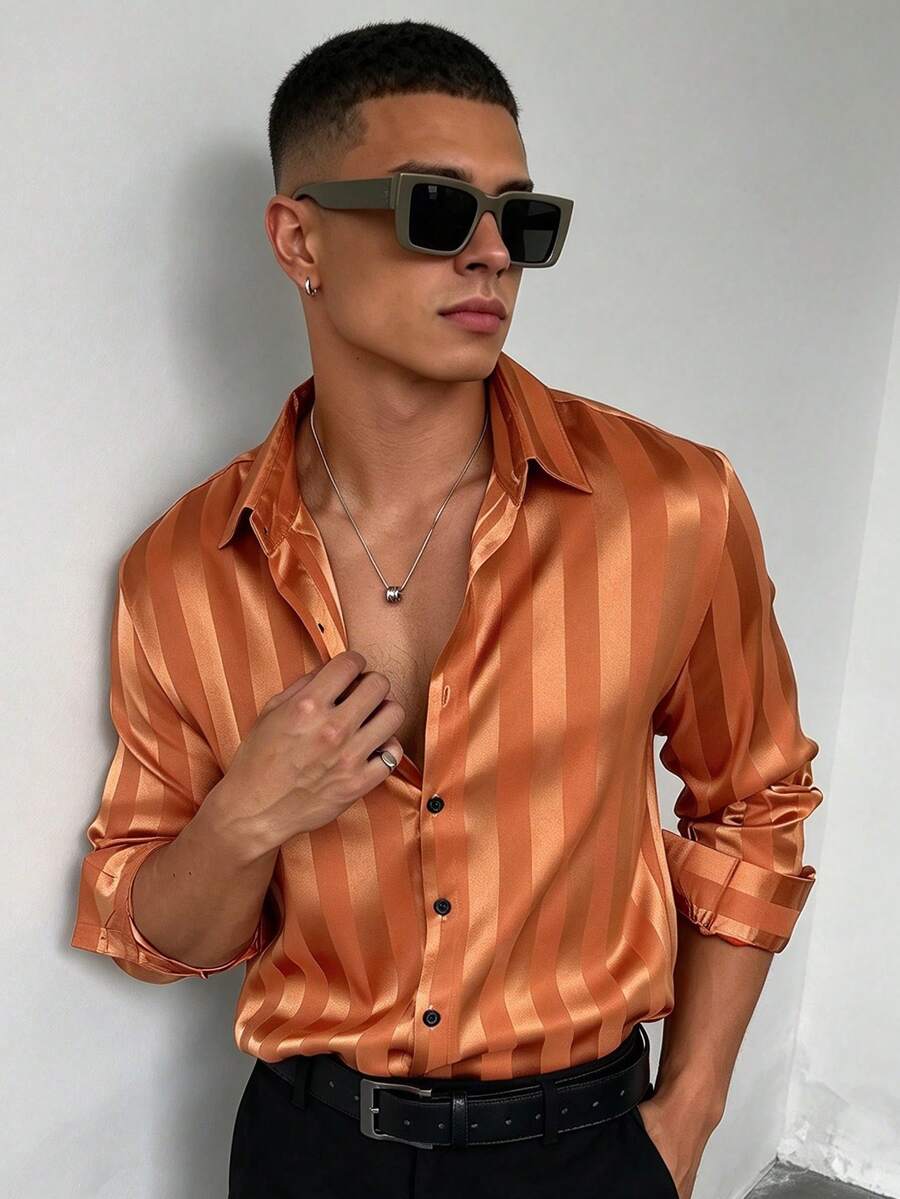 WAIT HIM 男士条纹印花纽扣前休闲长袖衬衫，秋季