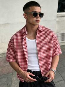 WAIT HIM Men's Casual Loose Plaid Short Sleeve Shirt, Suitable For Commuting - Red and White - View 2