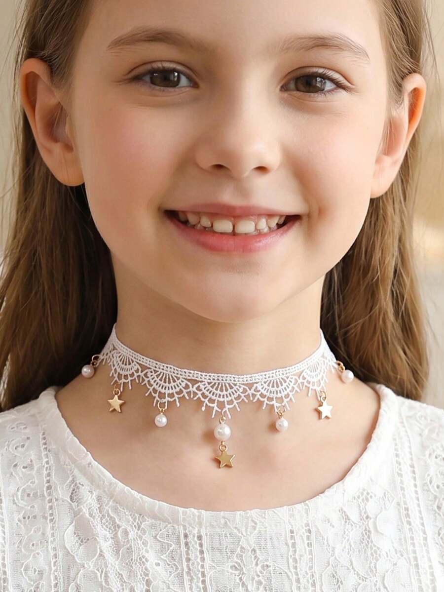 NAIZHU 1/2 buah Kalung Liontin Mutiara Bulan Bintang Renda Manis untuk Anak Perempuan, Cocok untuk Pemakaian Sehari-hari, Pesta, dan Liburan - Putih - View 1