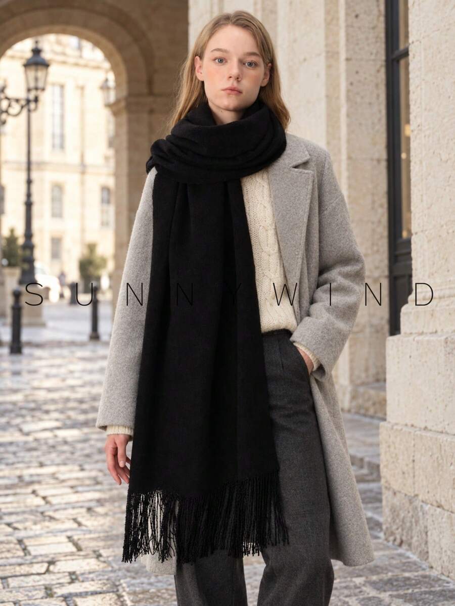 1件女款純色復古優雅藝術感保暖聚酯纖維圍巾,適合秋冬日常穿著 - 黑色 - 查看 1