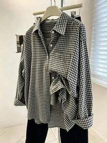Plus Size Women's Autumn/Winter Brushed Plaid Single-Breasted Pocket Shirt - Black and White - View 1