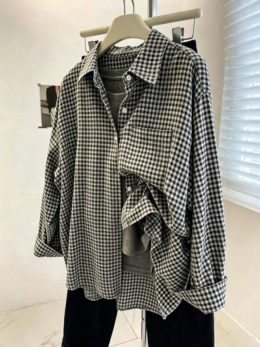 Plus Size Women's Autumn/Winter Brushed Plaid Single-Breasted Pocket Shirt - Black and White - View 1