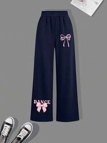 2pcs/Set Tween Girls Half-Zip Polo Collar Letter Print Bow Sweatshirt & Casual Wide Leg Pants, Comfortable Autumn/Winter Outfit - Navy Blue - View 5