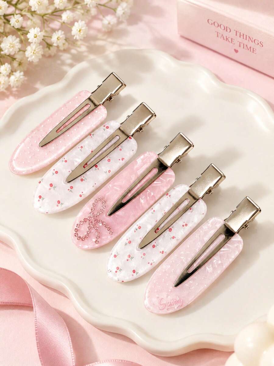 6/3pcs Cute Sweet Pink Seamless Crocodile Hair Clips, Gentle Girl Style Floral Polka Dot Side Bang Clips, Women Rhinestone Bow Hair Clips
