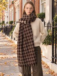1pc Women's Houndstooth Plaid Elegant Fashion Casual Versatile Polyester Scarf For Autumn/Winter Daily Wear - Brown - View 1