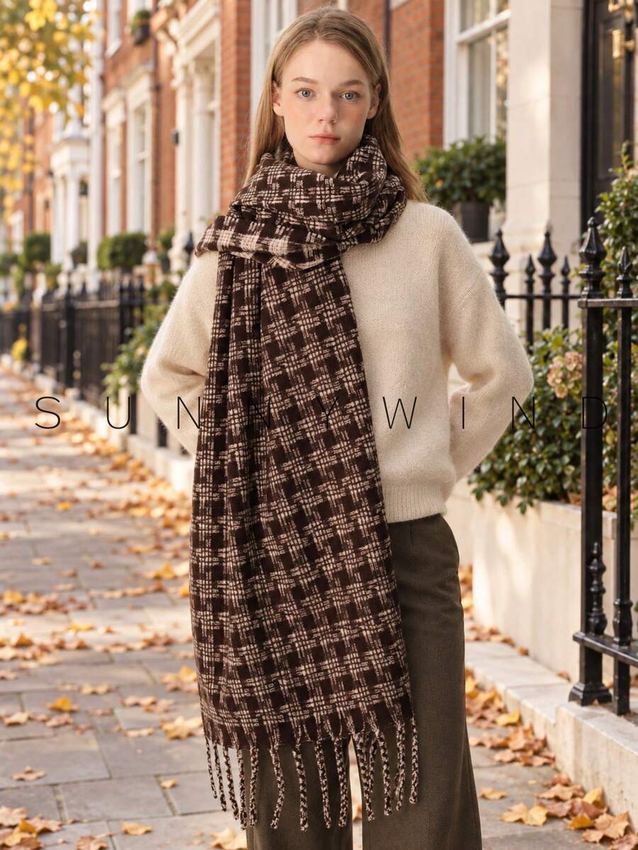 1pc Women's Houndstooth Plaid Elegant Fashion Casual Versatile Polyester Scarf For Autumn/Winter Daily Wear - Brown - View 1