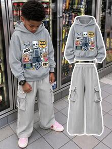 2pcs/Set Pixel Game Street Style Boys Outfit, Retro Pixel Robot Game Print Hoodie + Striped Cargo Pants, Soft Autumn/Winter Streetwear - Grey - View 10