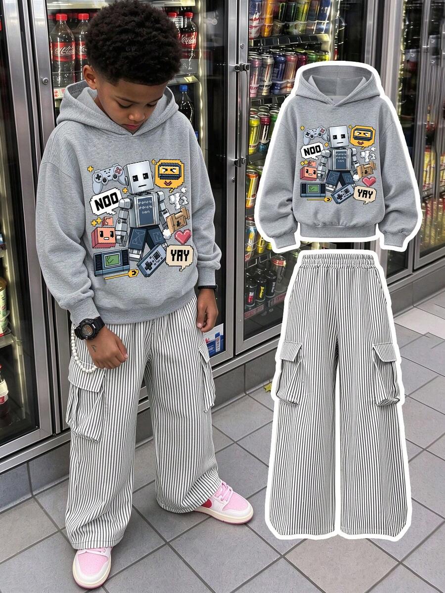 2件組像素遊戲街頭風男童套裝，復古像素機器人遊戲印花連帽衛衣 + 條紋工裝褲，柔軟秋冬街頭穿搭 - 灰色 - 查看 1