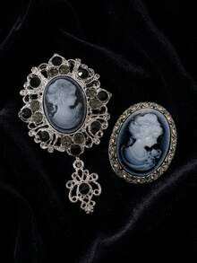 2PCS Gothic Victorian Cameo Brooch Pin Silver Filigree Black Rhinestone Pendant Dark Academia Whimsigoth Jewelry For Women - Black - View 7