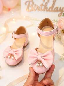 1 Pair Pink Chunky Heel Princess Shoes, Soft PU Bow + Double Pearl Decor, Round Toe Flat Non-Slip, Hook And Loop Strap Design, Fashionable Cute, Party High Heel Pumps, Suitable For School Performance, Birthday - Pink - View 1