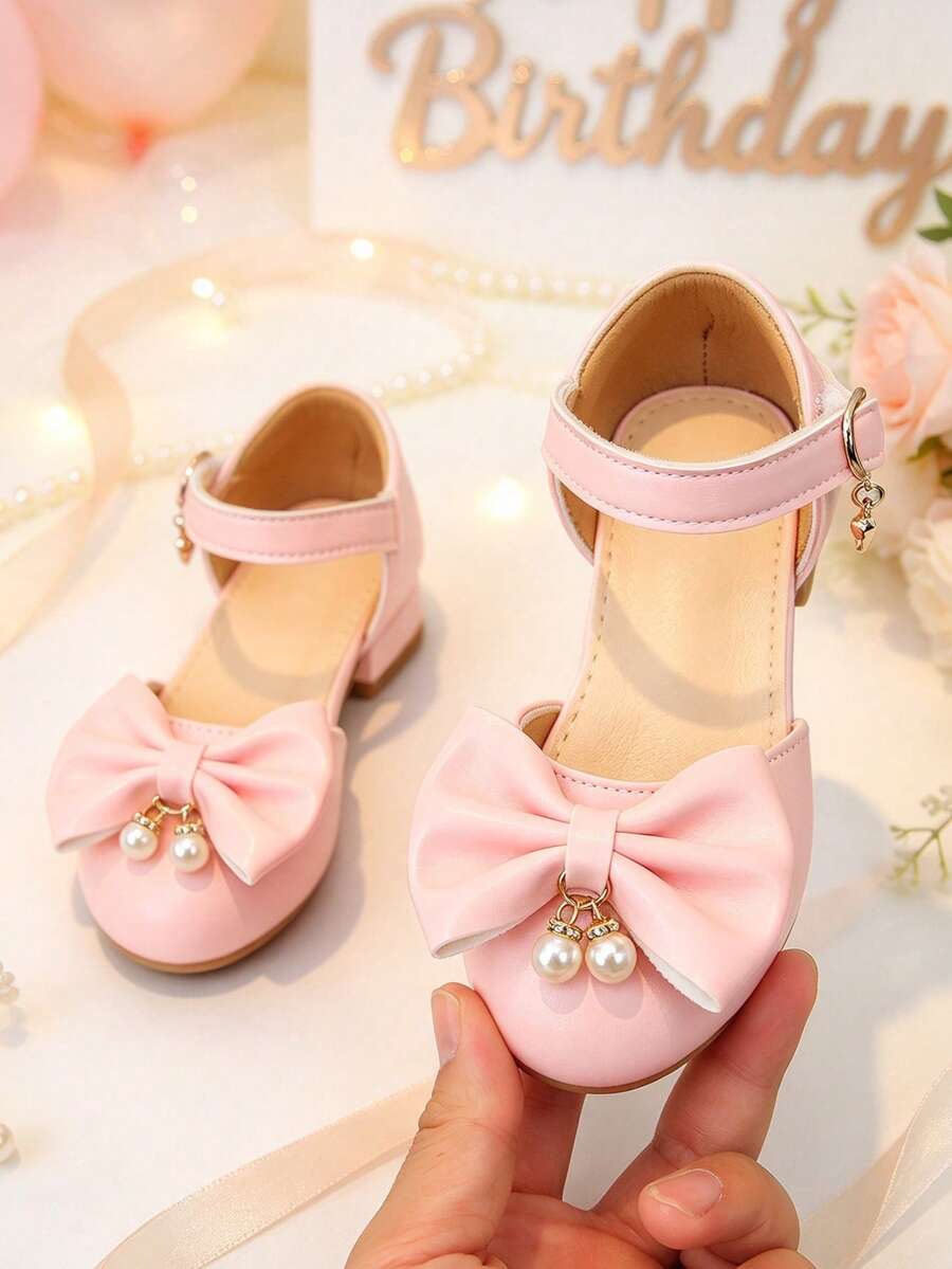 1 Pair Pink Chunky Heel Princess Shoes, Soft PU Bow + Double Pearl Decor, Round Toe Flat Non-Slip, Hook And Loop Strap Design, Fashionable Cute, Party High Heel Pumps, Suitable For School Performance, Birthday - Pink - View 1