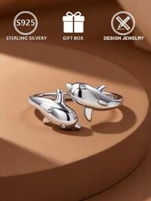 1pc 925 Sterling Silver Women's Ring, Double Dolphin Design, Adjustable Open Band, Micro-Inlaid Zirconia - Silver - View 5