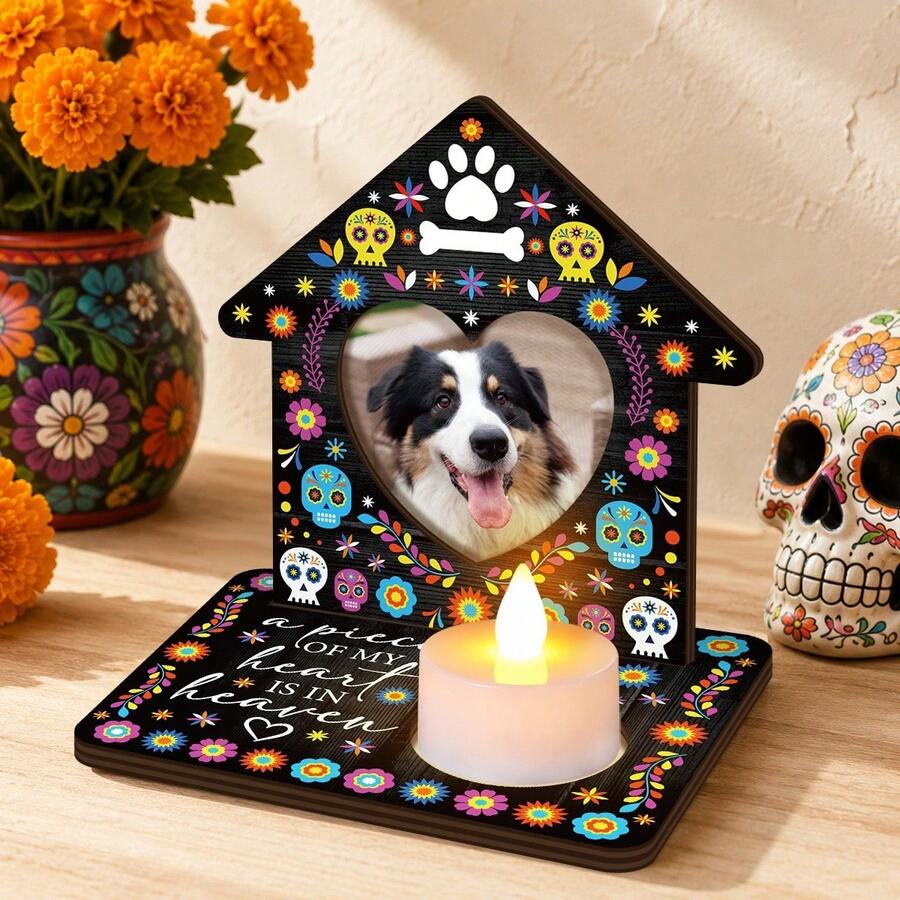 1 Set Undead Altar Photo Frame Decorative Sign, Day Of The Dead Candle Marigold Pet Dog Cat Print Wooden Desktop Photo Frame, Memorial Altar Ornament, For Remembering Deceased Pets, Mexican Festival Desktop Decor - Decorative Sign & Plaque