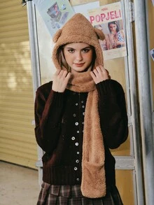 Popjeli 1pc Daily Solid Warm Bear Winter Hat Cute - Camel - View 7