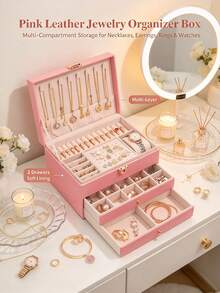 3/2/1 Layer Large Capacity Jewelry Storage Box, Portable Jewelry Organizer, Vanity Jewelry Box With Drawers, Gift Leather Jewelry Box, Exquisite Display Packaging Storage Box, Back To School Dorm Storage Box - Multicolor - View 1