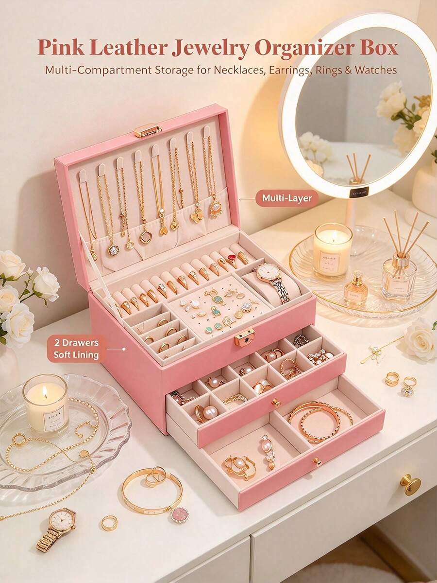 3/2/1 Layer Large Capacity Jewelry Storage Box, Portable Jewelry Organizer, Vanity Jewelry Box With Drawers, Gift Leather Jewelry Box, Exquisite Display Packaging Storage Box, Back To School Dorm Storage Box - Multicolor - View 1