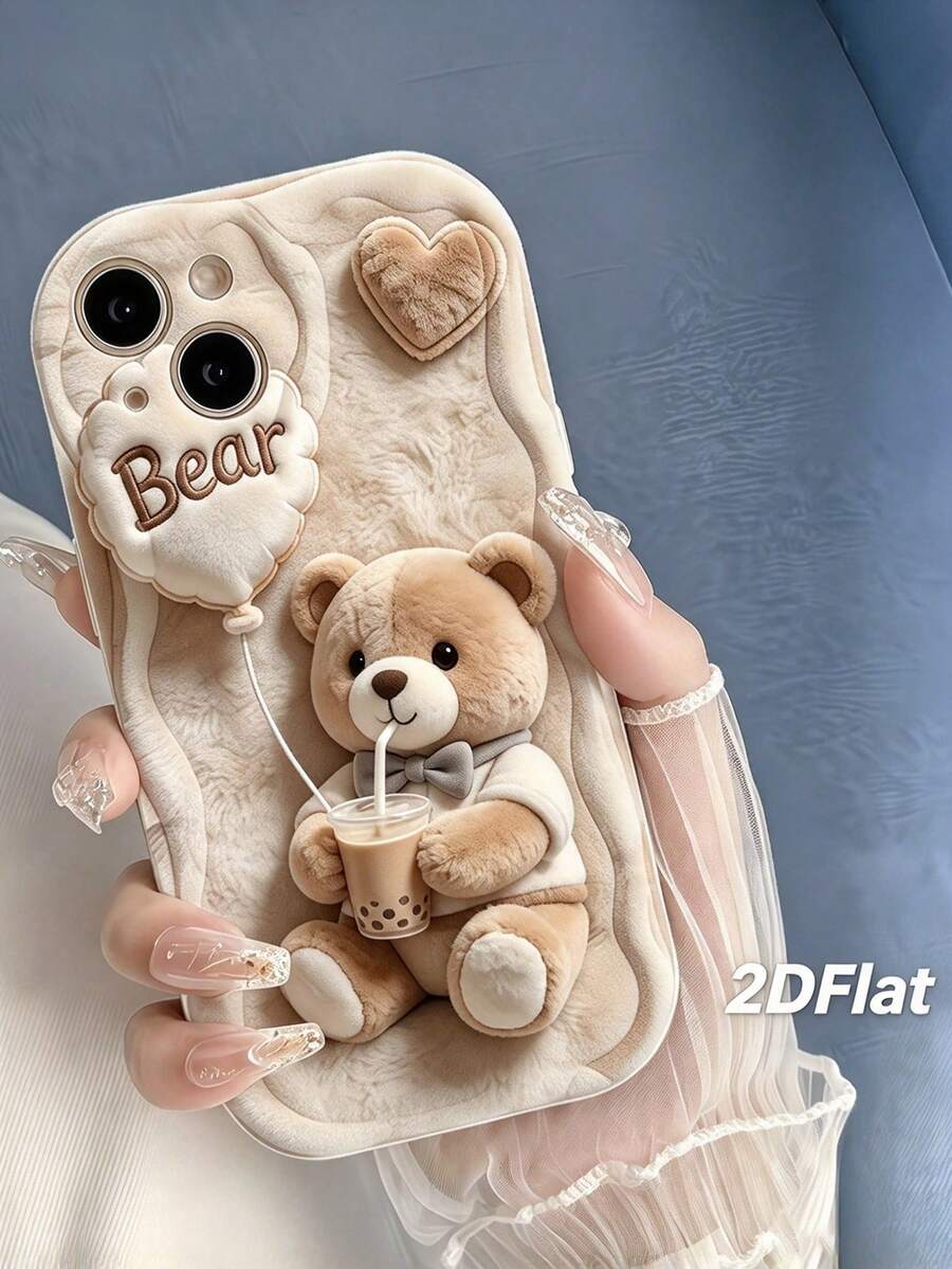 1pc 2D Cute Milk Tea Plush Bear Pattern Wavy Edge Protective Phone Case Compatible With Apple 7/8/X/XR/XSMAX/11/12/13/14/15/16/17Promax - White - View 1
