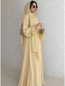 Women's Elegant Long Sleeve Long Abaya With Ruffle Cuffs - Khaki - View 2