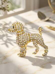 1pc Glamorous Gold Rhinestone Poodle Dog Brooch Pin Vintage Iridescent AB Crystal Animal Lapel Pin Cute Pet Lover Fashion Jewelry Gift Accessories - Multicolor - View 6