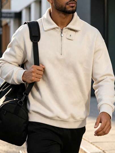 Men's Loose Fit Polo T-Shirt, 1/4 Zip T-Shirt For Autumn/Winter, Sports, Fitness, Running, Casual Wear