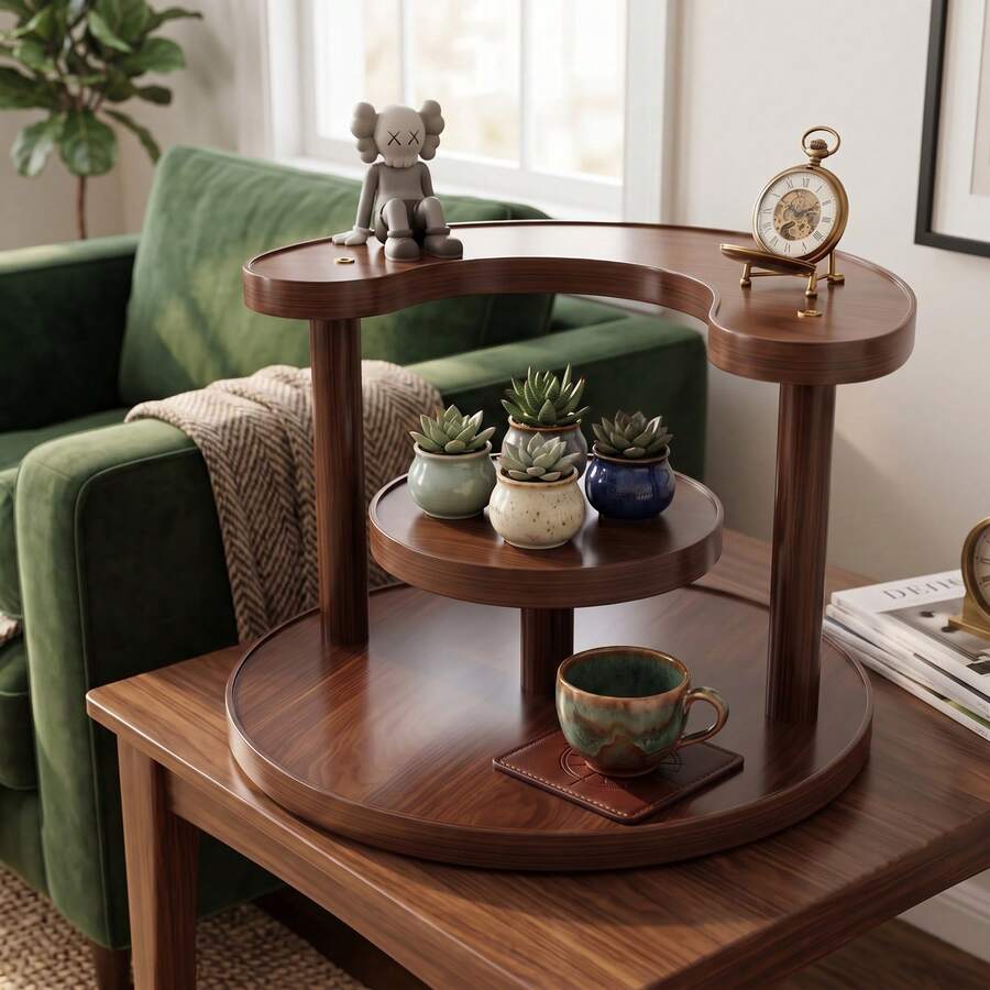 Round Makeup Organizer C-Shaped Vanity Tray 3-Tier Desktop Storage Rack Walnut Color Premium Composite Panel