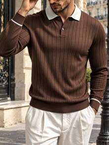 Autumn/Winter Vintage British Vertical Striped Knit Polo Men's Contrast Trim Detail Design Versatile Loose Fit Knit Top - Brown - View 2